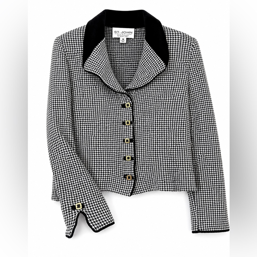 St. John by Marie Gray Houndstooth Jacket Blazer Black White Gold Buttons Sz 10